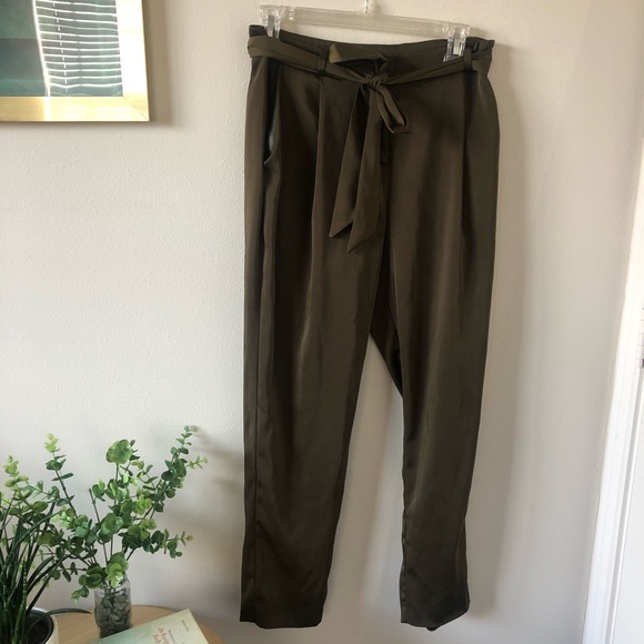 Missguided Khaki Satin Bow Tie Waist Pants - Picture 1 of 4